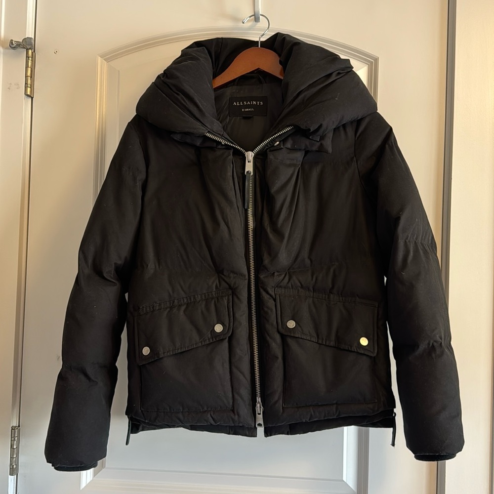 All Saints black puffer coat with hood, side zips, 2 types of front pockets